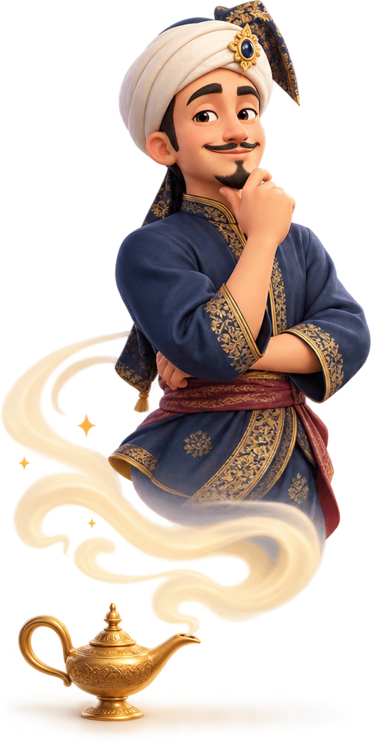 Tok Tahu, a smiling genie in a white turban and navy robe, rising from a golden lamp